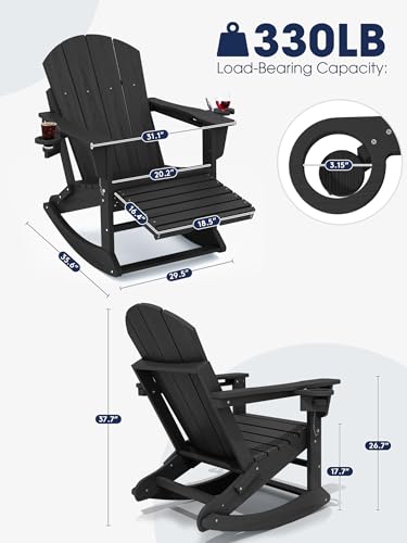 KINGYES Folding Rocking Chair with Retractable Ottoman & Cup Holders - Black