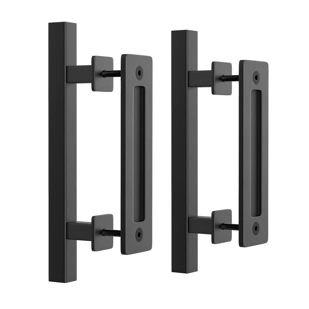 WINSOON 12-inch Black Sliding Barn Door Handle Set - Rustic Hardware for Garages and Cabinets