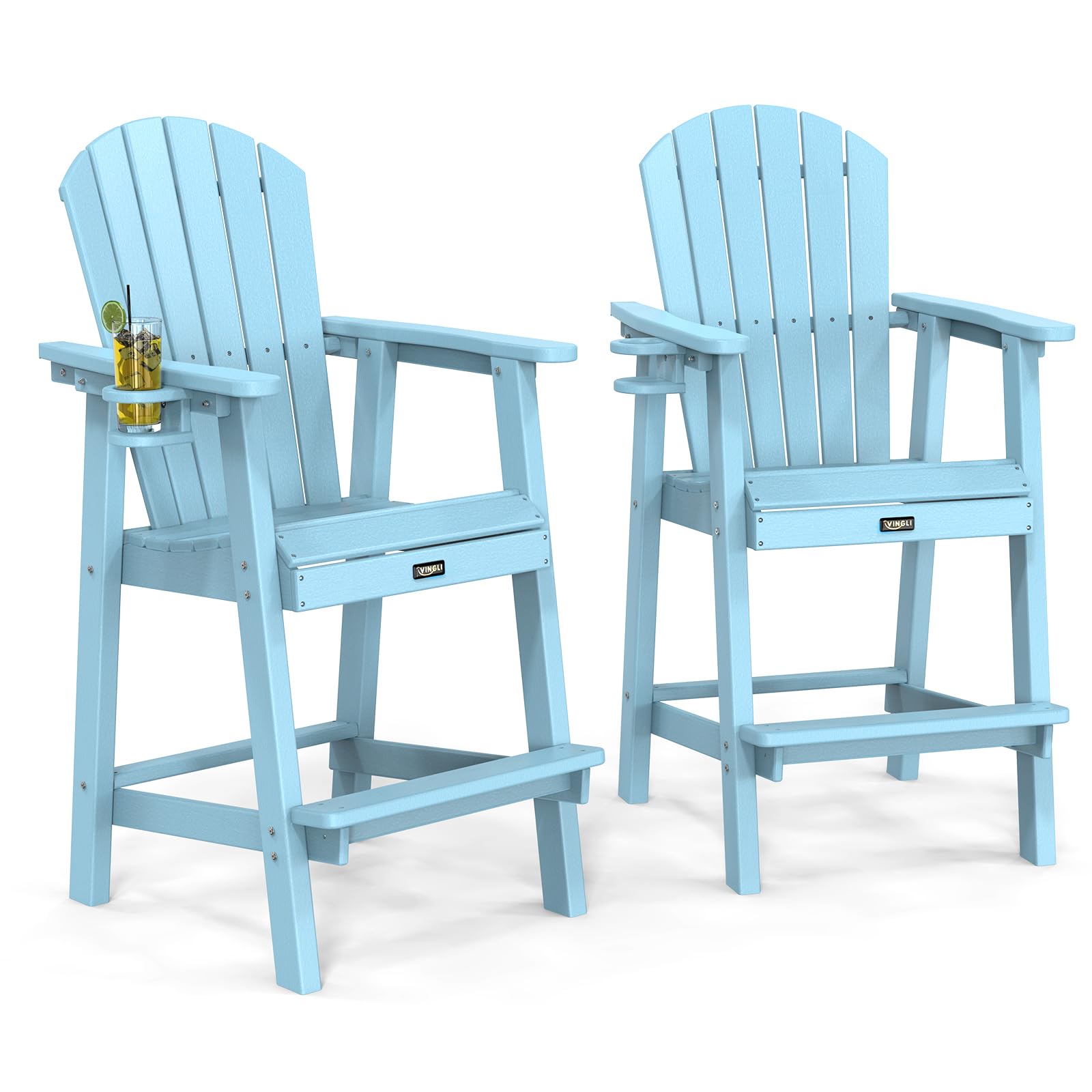 VINGLI Blue HDPE Outdoor Bar Stool Set with Cup Holders (350LBS)