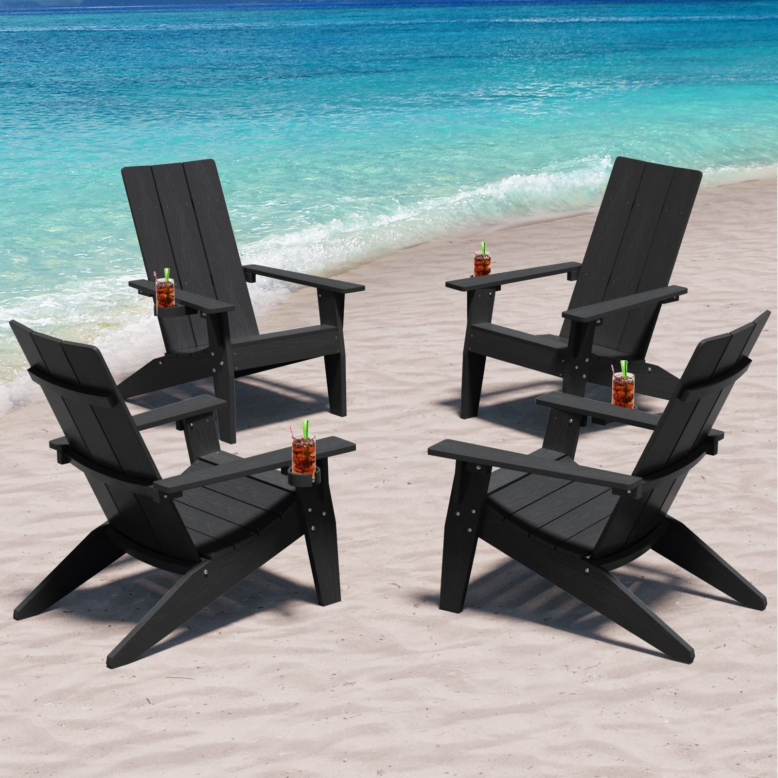 MXIMU Black Weather-Resistant Adirondack Chairs with Cup Holders for Outdoor Fire Pit