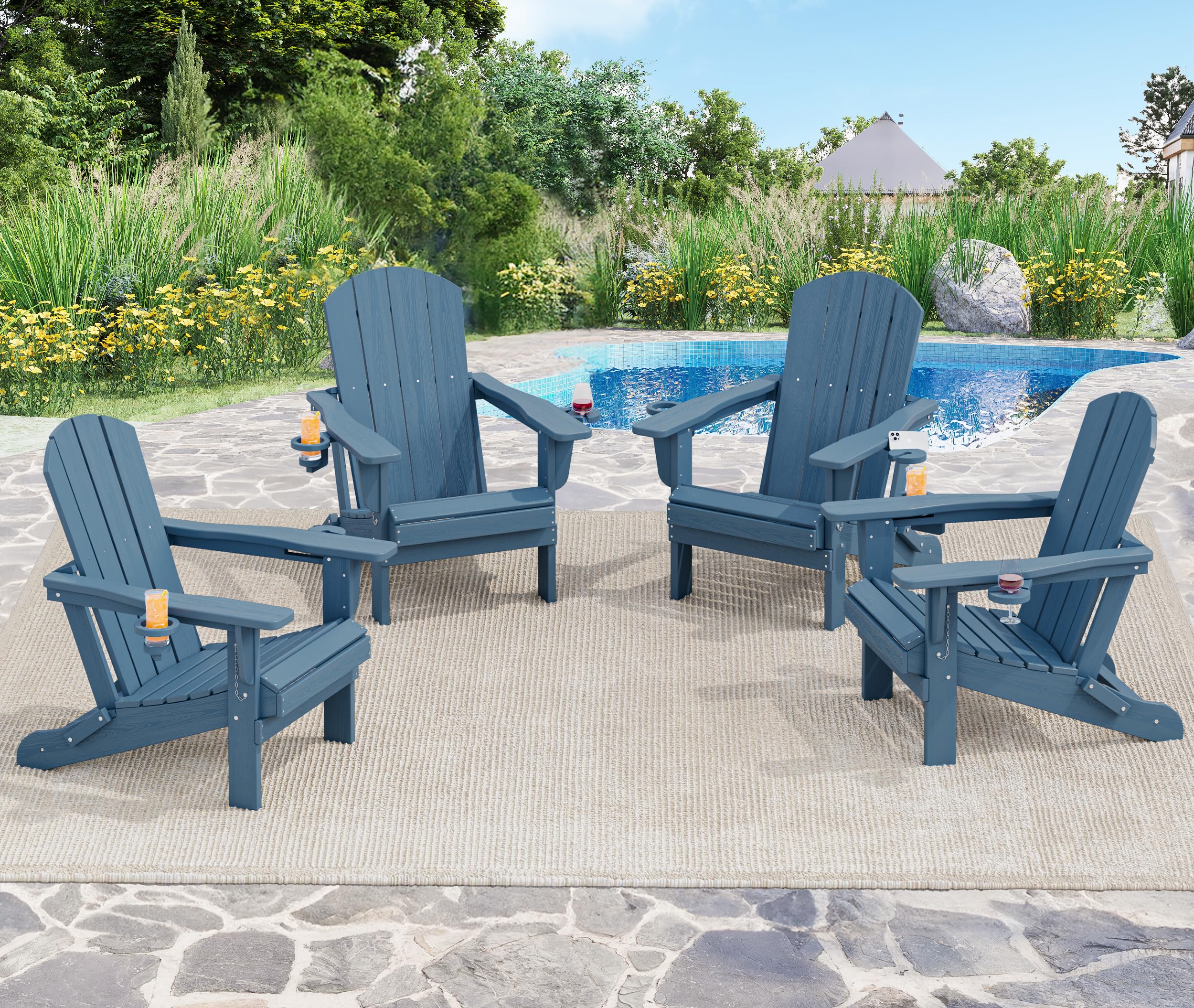 4 Pack Navy Plastic Adirondack Chairs - Real Wood Finish - Outdoor